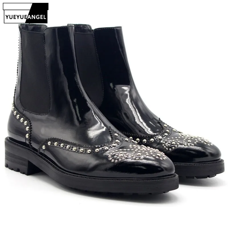 Chelsea Richelieu Luxe Biker Chaussures Hommes Cheville En Main Slip Hiver Rivet Bottes Réel De Perles Cuir Black Med Talons Vache Sur Punk SVpqUzM