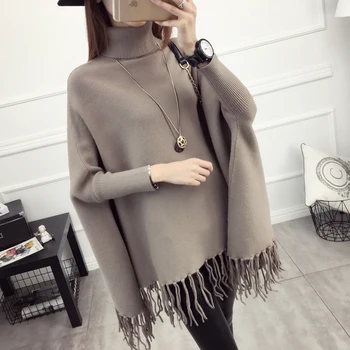 

2020 high collar sweater autumn and winter bat coat autumn women sweater tassel cloak