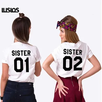 

LUSLOS Sister 01 02 White and Black Women Summer Short Sleeve T Shirt Match Sister Best Friend Super Soft Shirt Ladybro Tee Tops