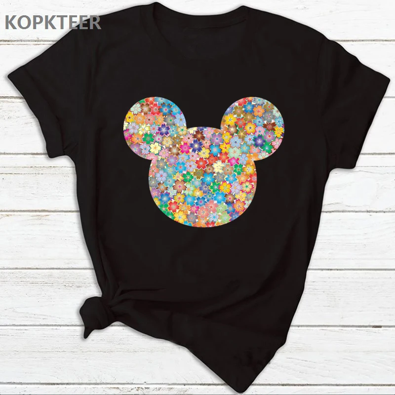 

Women 2019 Summer Harajuku T Shirt Camiseta Mujer Colorful Flower Mickey Graphic Tees Kawaii Tops Streetwear Tee Shirt Femme