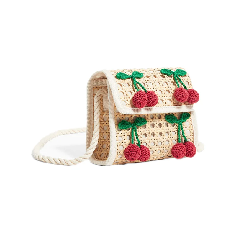 

New Rattan Strawberry Straw Shoulder Bag Women Hand-woven Messenger Bag Summer Beach Square Box Straw Handbag Cherry