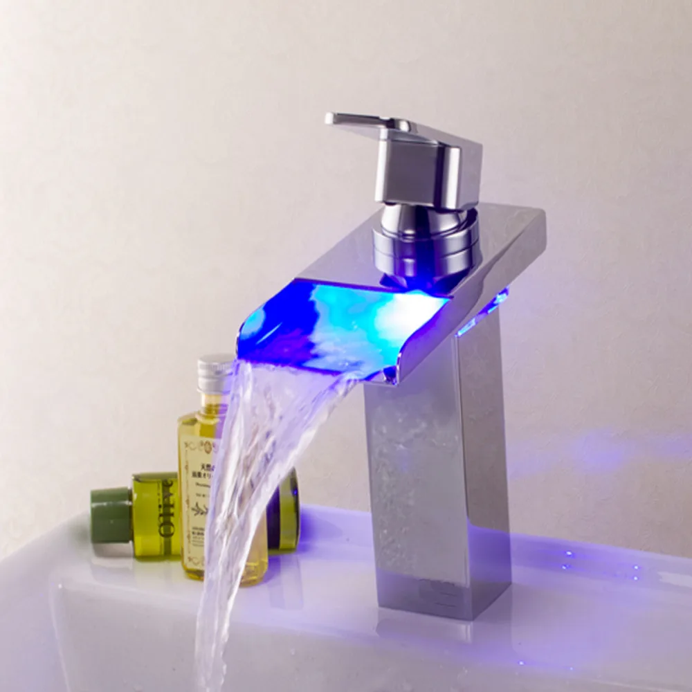 Temperature Sensor Controlled Mixer Tap Bathroom Waterfall Spout Basin Sink Faucet LED Faucet