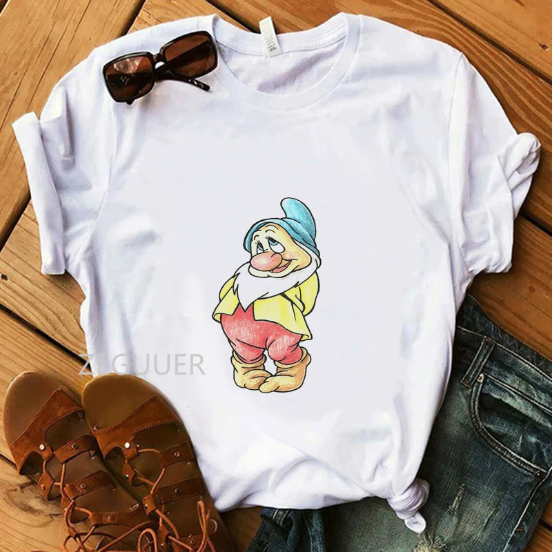 

The Seven Dwarfs Drawings T-Shirt Vogue Girls T-shirt Women 100% Cotton Soft Casual Tees Lady Snow White Fairy Harajuku Tops