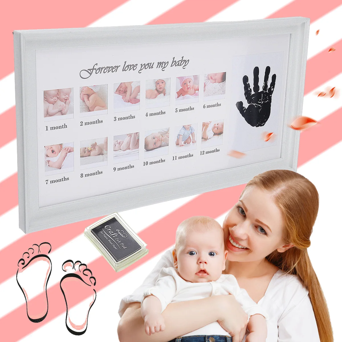 Marco de fotos de bebé lindo DIY estampado a mano o huella de 12 meses marco de fotos de bebé niño niña mi 1 año blanco tinta artesanal azul rosa