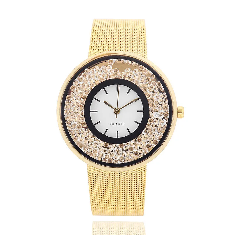 

Fashion Gold & Silver Band Knit Stainless Steel Wtach Quartz Women's Luxury Rhinestones Watches Valentine's Day Gift 1900