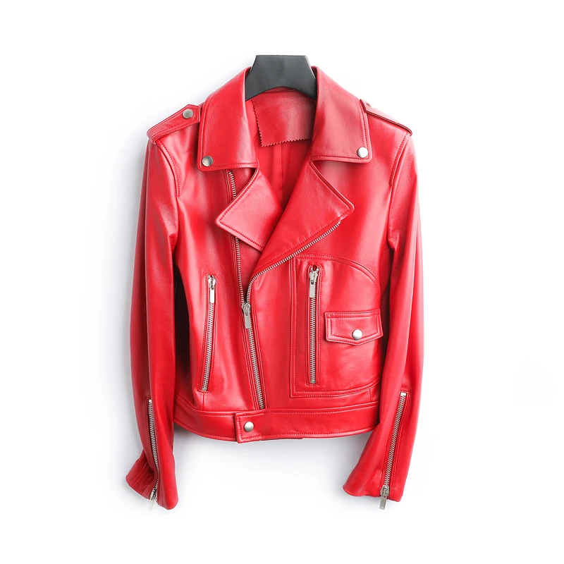 Новинка, Натуральная овечья кожа, Женское пальто с длинным рукавом, приталенная овечья кожа, мотоциклетная куртка gl0130 - Цвет: Красный