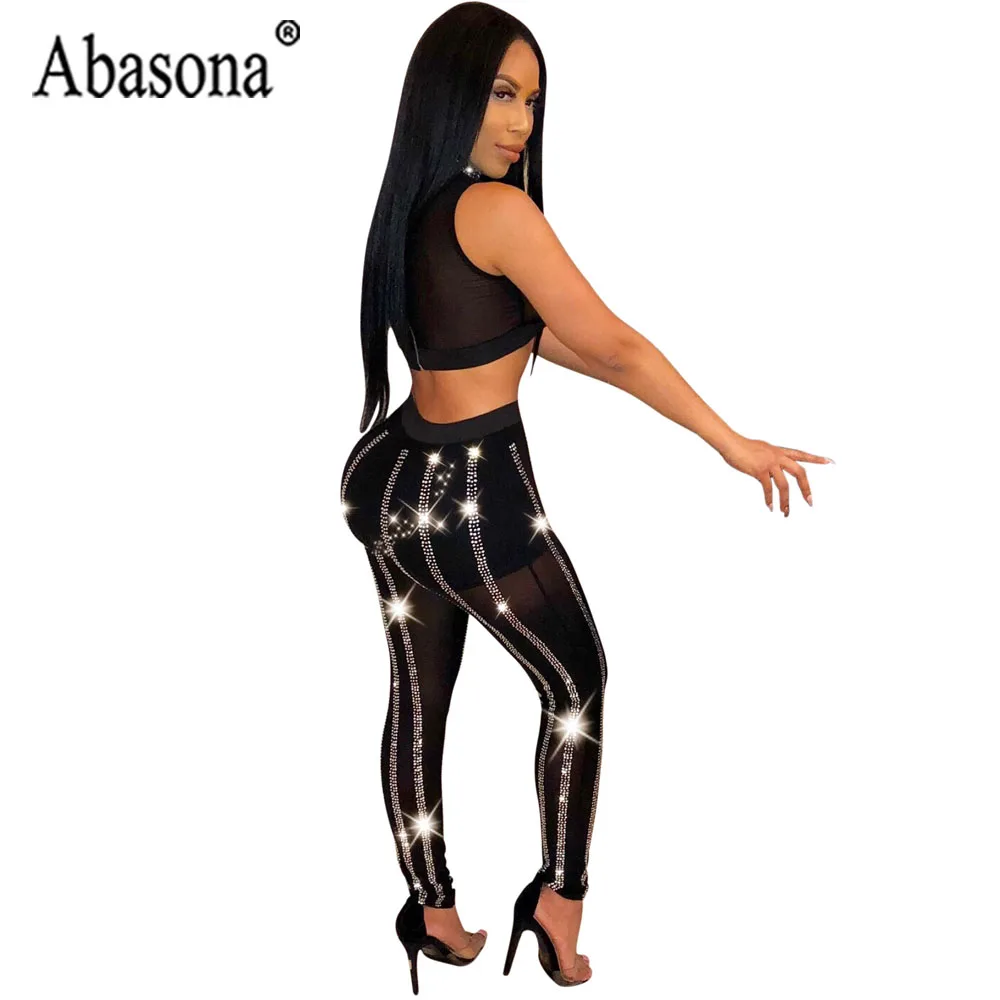 Abasona Women Sexy Diamond Sheath Long Jumpsuit Women Black Mesh See Through Sleeveless Turtleneck Playsuit 2 Piece Sets Romper 