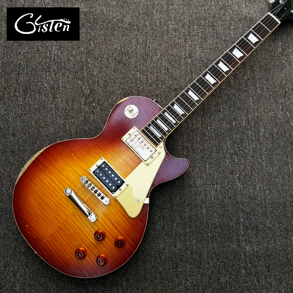 

Custom Relic LP electric guitar with Tune-o-Matic bridge, cream binding frets, one piece of body & neck lp guitar, free shipping
