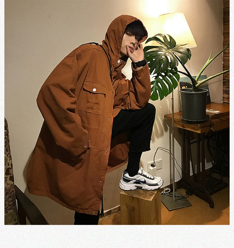 Mens Long Hooded Trench Coat Casual Spring Windbreaker Coat Men Korean Overcoat Hip Hop   (13)