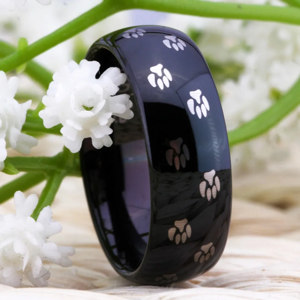 Fashion Tungsten Carbide Wedding Ring For Women Classic Black Ring Animal Doggy Paw Print Design Party Ring Engagement Rings