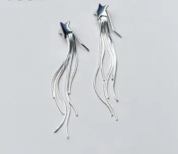 

1Pair 7mm Authentic Real 100% 925 Sterling Silver fine Jewelry Star &Bohi snakebone chainTassel dangle long Earrings gtle2276