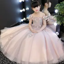 Элегантное розовое фатиновое платье с цветочным узором для девочек вечерние платья с аппликацией для детей, пышное платье принцессы без Плеч, свадебное платье для первого причастия