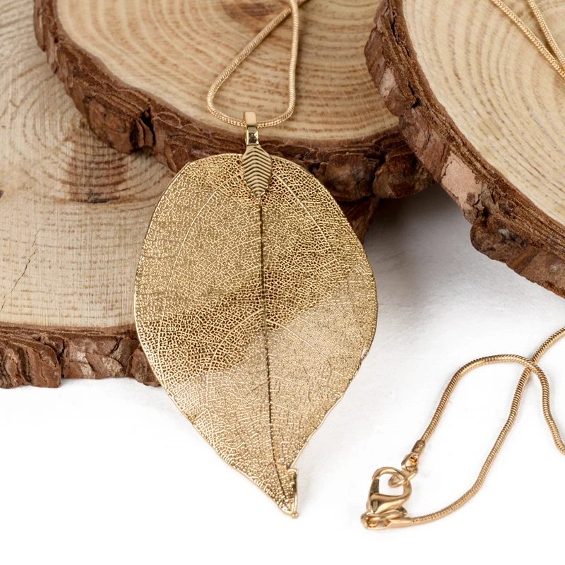 Vintage Leaves Earrings Necklaces Shellhard Long Natural Real Dipped Leaf Leaves Dangle Earring Ethic Women Jewelry 4Colors