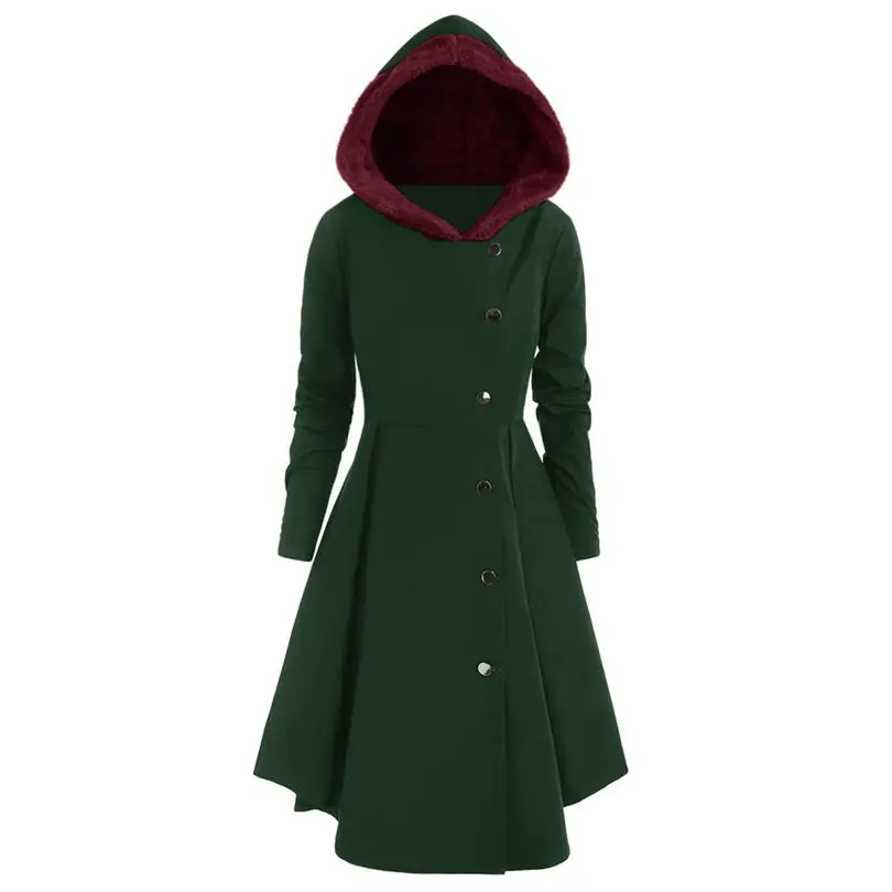 New Women fashion Plus Size Asymmetric Keep Warm Fleece Hooded Single Breasted Long Drap Buttons Coat #4F10 (3)