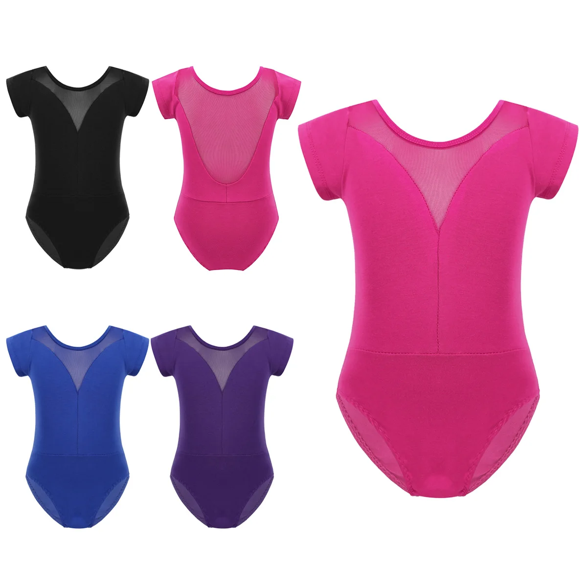 Kids Simulation V neck Mesh Leotard Gym Dress Girl Gymnastics Dancesuit ...