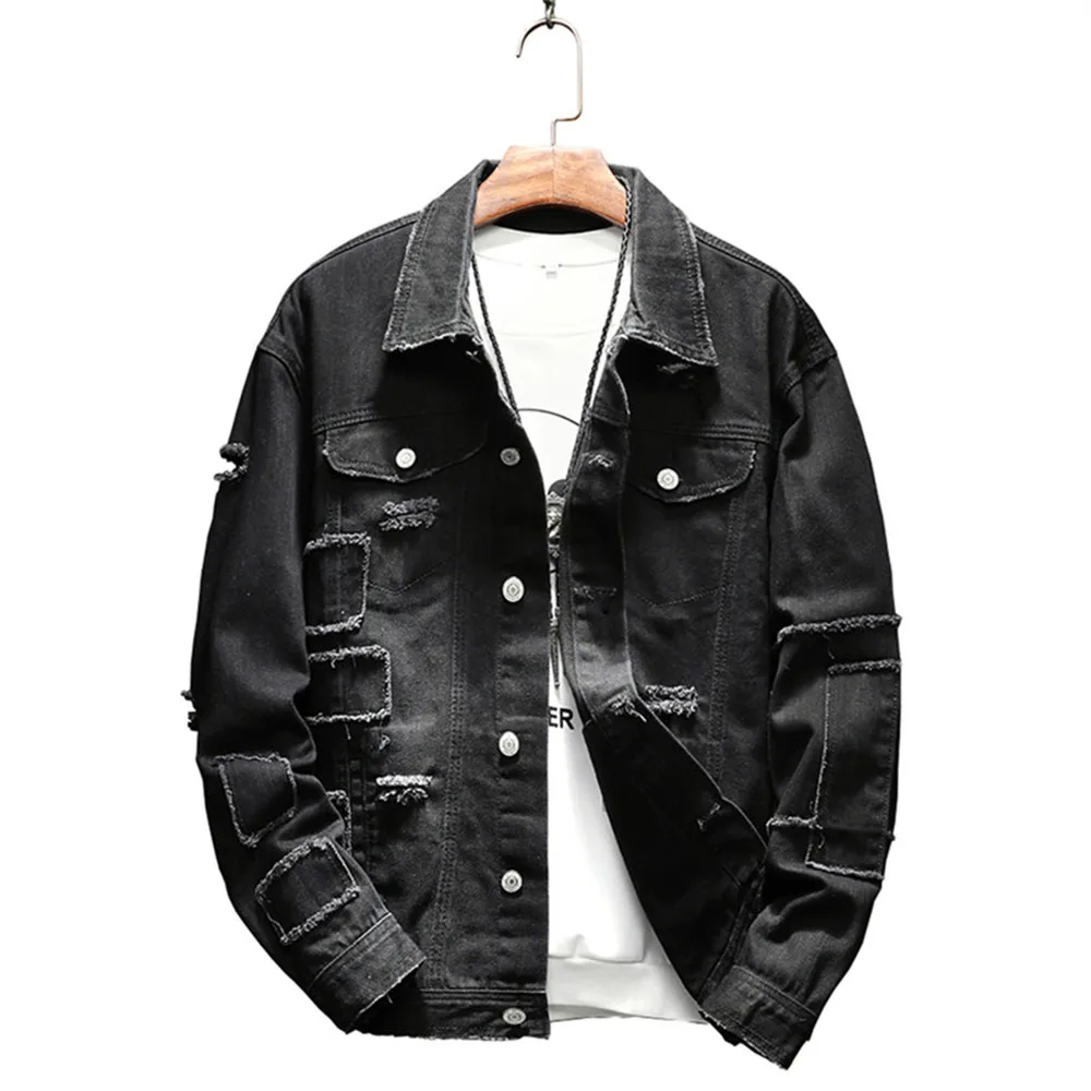 

High quality denim Jacket Mens Ripped Holes black Jean Jackets Garment Washed Mens Denim Coat Plus size 5XL Men clothes 2019