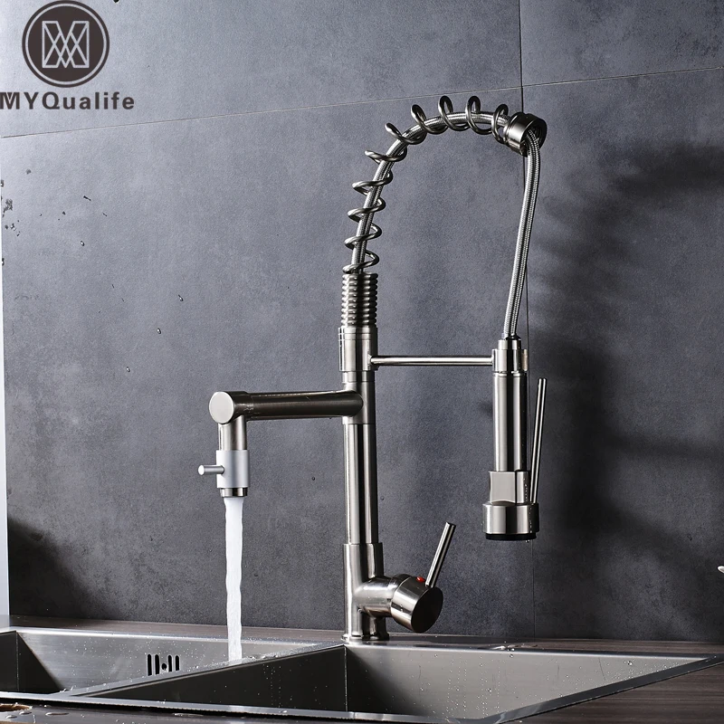 Brushed Nickel Water Ridge Kitchen Faucet Double Spout Sprinkle