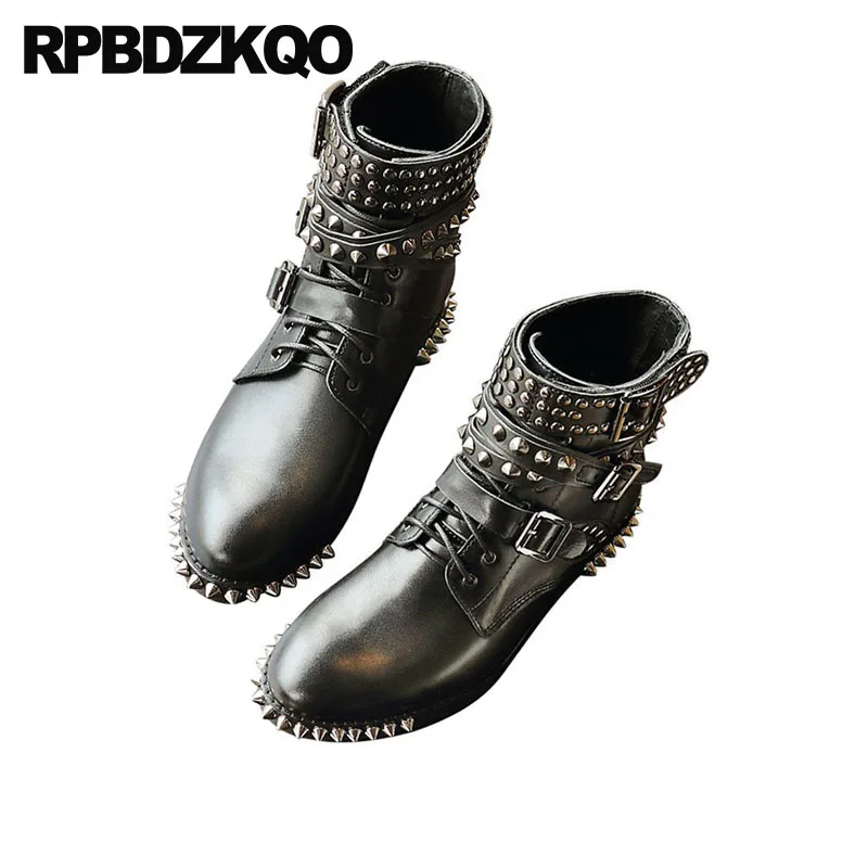 

Stud Ankle High Quality Brand Women Winter Boots Genuine Leather Metal Military Chunky Combat Shoes Biker Motorcycle Rivet Spike