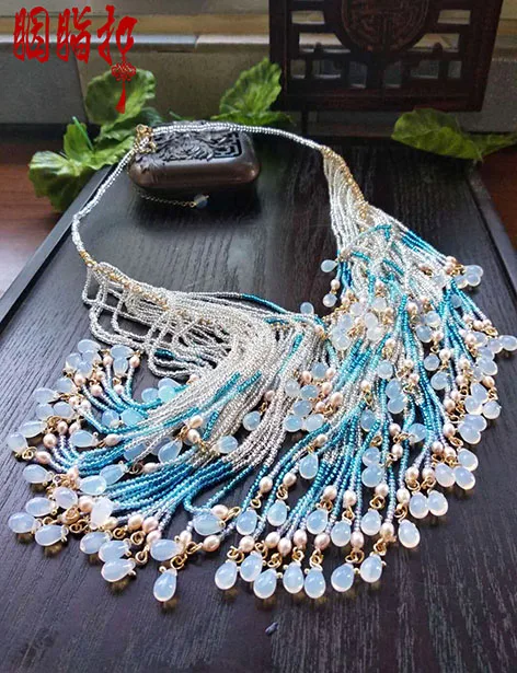 Xiao Xiao Colored Glaze Long Tassel Facial Mask Multi Use also Ancient Chinese Necklace Vintage Original Hanfu Cos Accessory hai wu pearl beads soft necklace ancient chinese yingluo forehead accessory hanfu cheongsam chi pao clothing accessory