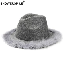 SHOWERSMILE Grey Women Fedora Hat With Feather Vintage Tweed Jazz Hat Female Wool Autumn Winter Caps Fashion Elegant Bucket Hat wool hat w mask yellow grey