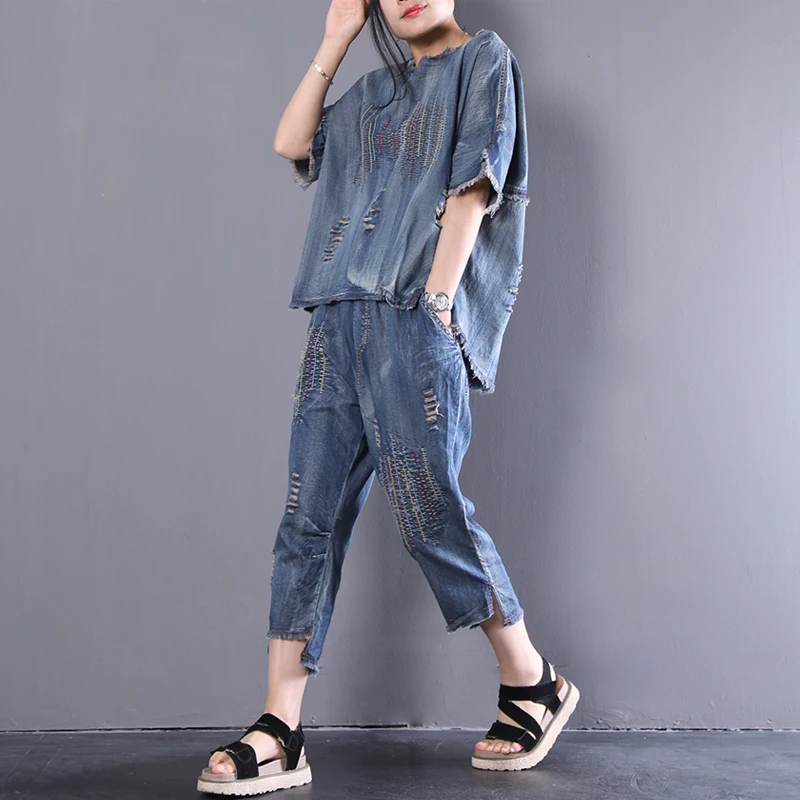 

[EWQ] 2019 Summer New Pattern Office Lady Style Round Collar Washed White Striped Pattern Five Sleeve Seven Pants Suit AF659