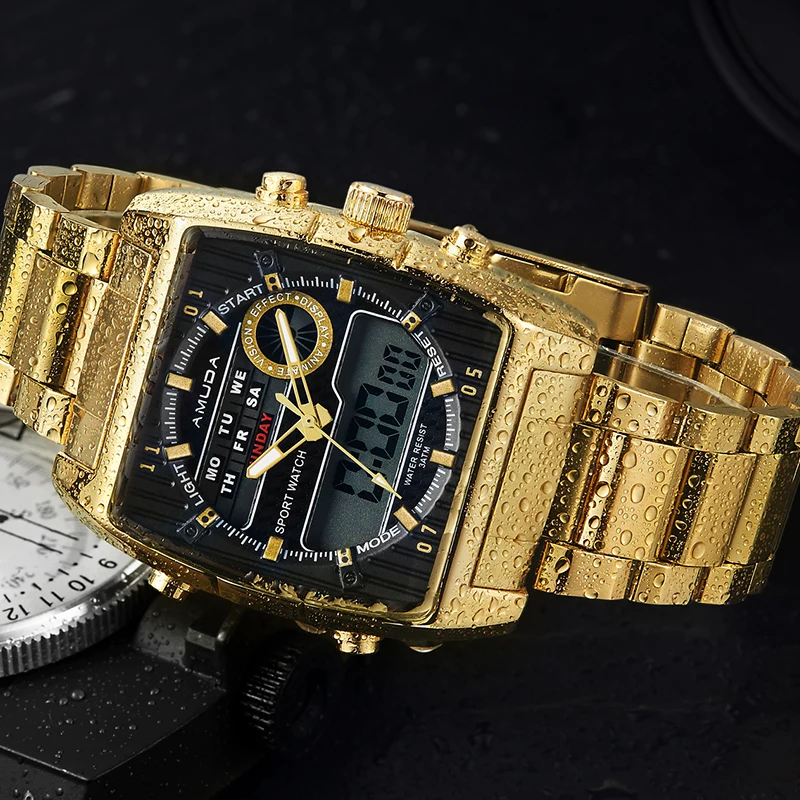 

AMUDA Men's Fashion Creative Golden Sports Watches Men Waterproof Stainless Steel Strap LED Wristwatches Clock Relogio Masculino