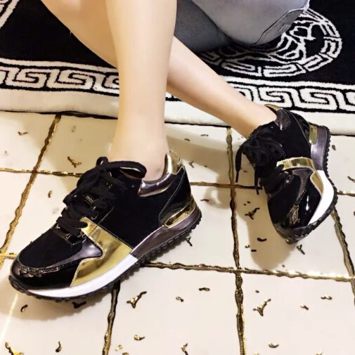 L women black gold pathwork genuine leather sneakers wedge sport trainer Shoes brand Casual Flatform EUR35-44 - AliExpress