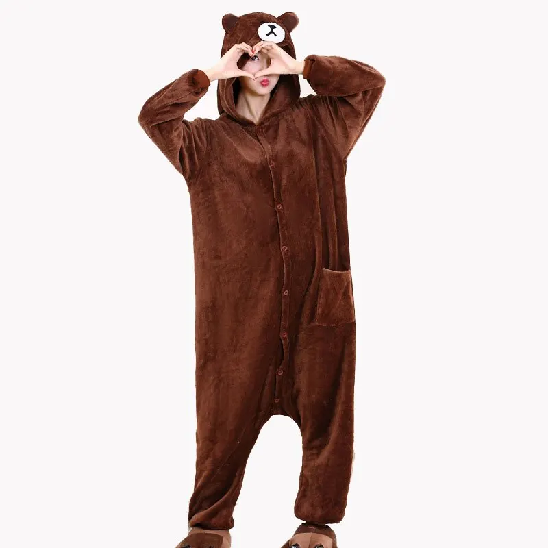 Фланелевые пижамы кигуруми с коричневым медведем для взрослых, Мультяшные комбинезоны для женщин, косплей, цельное ночное белье для