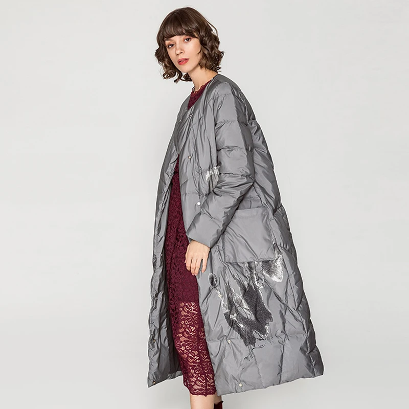 YNZZU, китайский стиль,, зимняя куртка, женская, элегантная, с принтом, очень длинная, свободная, женский пуховик с шарфом, теплое пальто O630