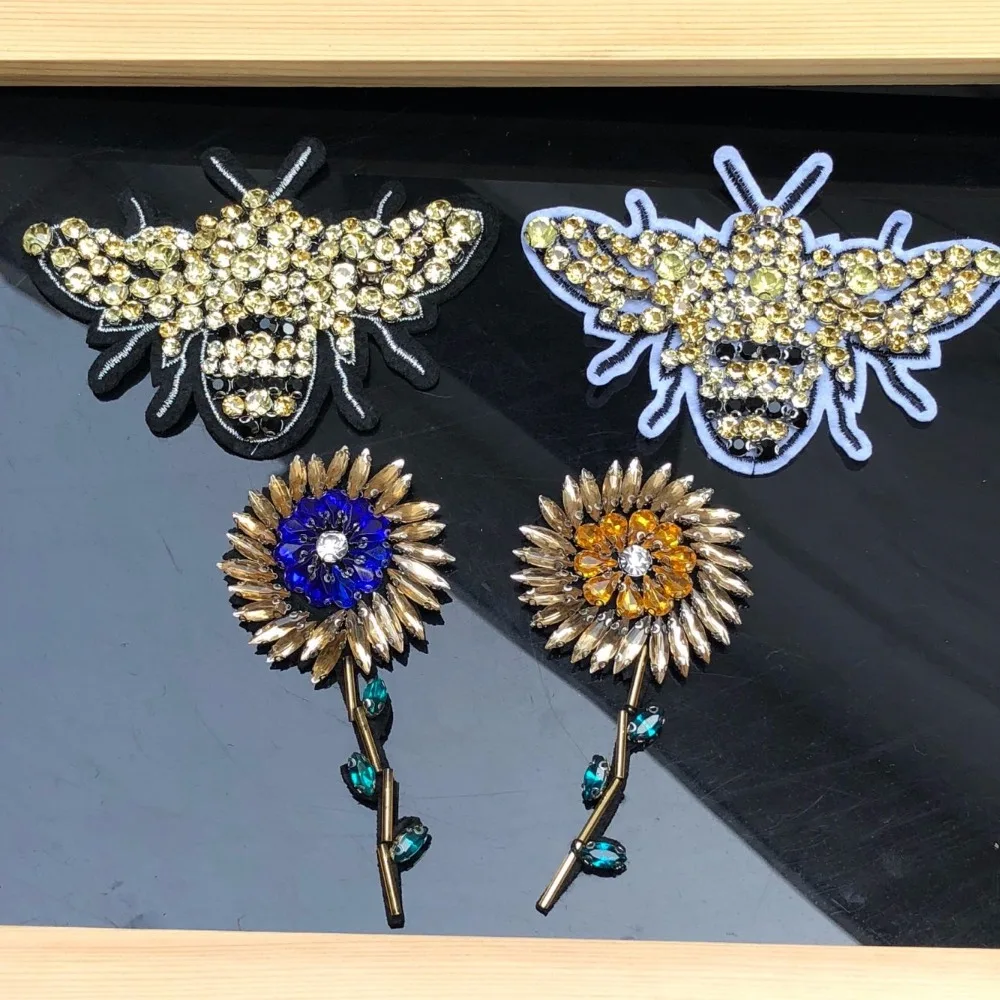 

Rhinestone Bee Beaded Patch for Clothing Sewing on Beading Sunflower Applique Clothes Shoes Bags Decoration Patch DIY Apparel