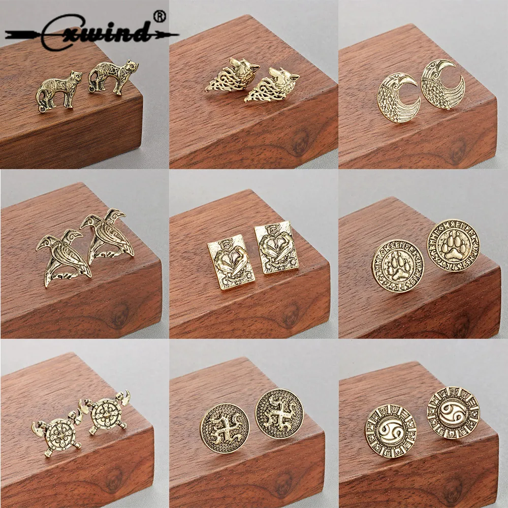 

Cxwind Norse Viking Ear Stud Bird Cat Wolf in Rune Circle Paw Studs Earring Jewelry constellation Earrings Post for women man