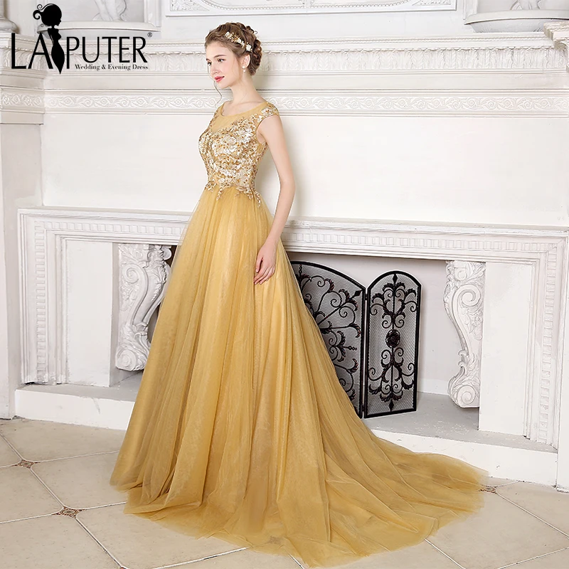 

Abendkleider Gold Sequins 3D Flower Crystal Sexy See Through Ball Gown Puffy Pageant Prom Evening Dress vestido de festa longo