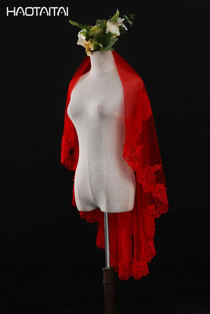 Red Bridal Veils One Layer Adult Lace Edge Wedding Veil 2018in Bridal