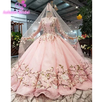 

2019 New Arrival Real Blush Pink Wedding Dress With Colors Lace Up Back Elegant Sheer High Neck Applique Garden Bridal Gowns