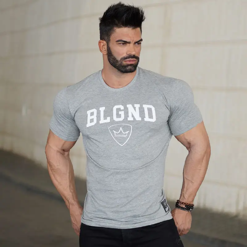 Летняя мужская брендовая хлопковая футболка, модная повседневная футболка для фитнеса, бодибилдинга, с коротким рукавом, черные футболки для тренажерного зала, мужские футболки, топы, одежда - Цвет: gray 1