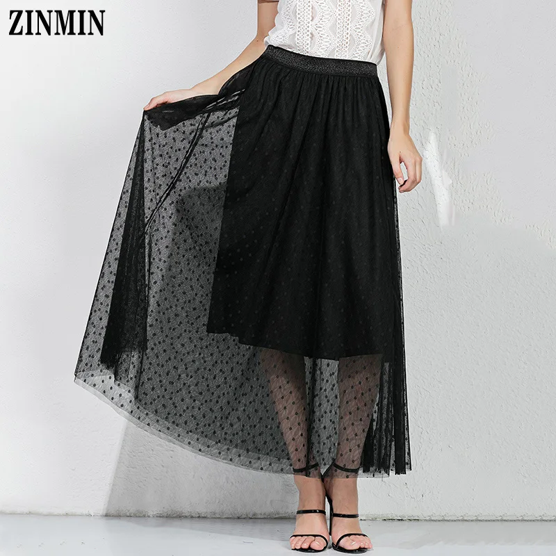 

ZINMIN Summer Long Lace Mesh Skirt Women Black Voile Mesh Casual High Waist Mid Calf Transparent Polka Dot Long Skirt