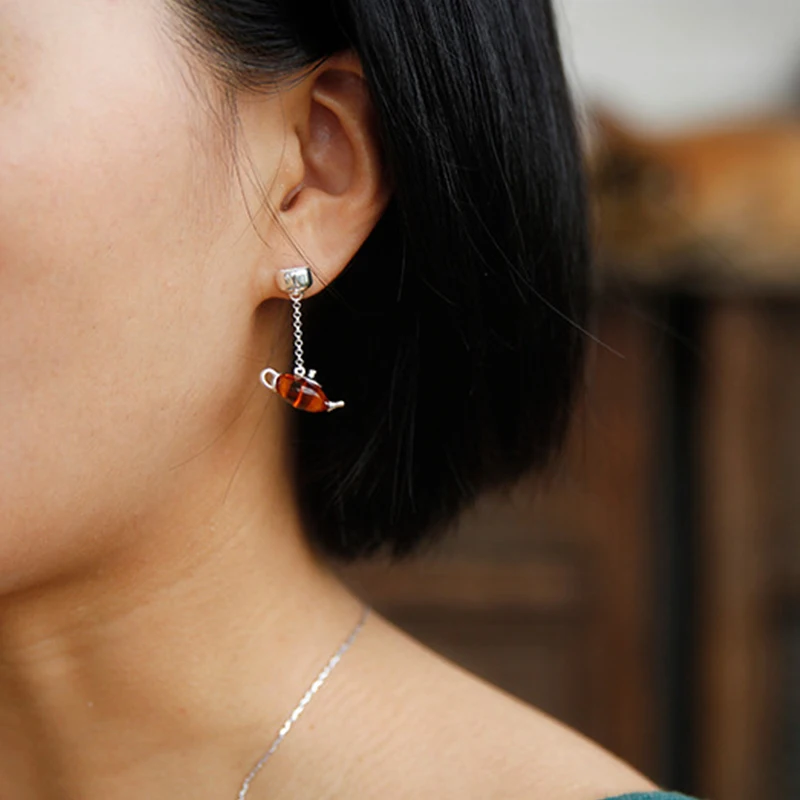 Lotus Fun Real 925 Sterling Silver Natural Amber Handmade Fine Jewelry Cute Teapot Jewelry Set with Dangle Earring Bracelet
