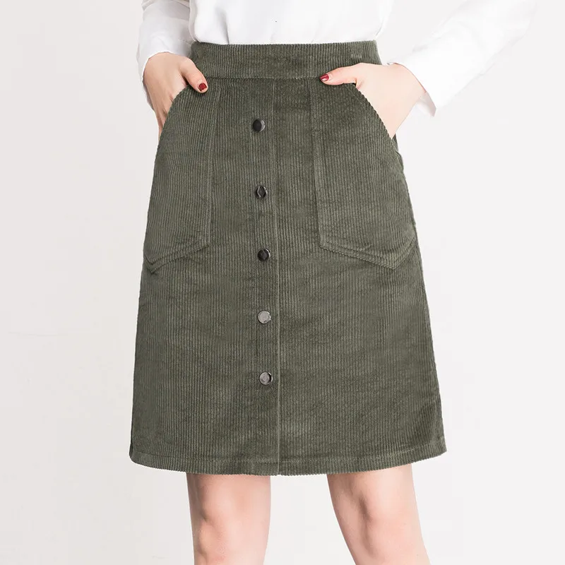 SHINYMORA, весенние вельветовые юбки для женщин,, высокая талия, трапециевидная линия, тонкие элегантные юбки, Женская юбка с карманами, 3 цвета, юбка на пуговицах - Цвет: Green