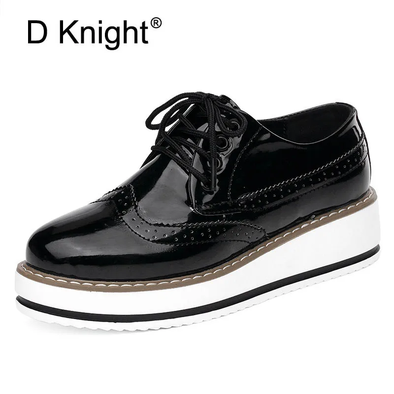 

2019 New Women Oxford Medium Heel Pumps Casual Shoes Fashion Lace -up Platform Brogue Shoes Woman High Heels Black White Wedges