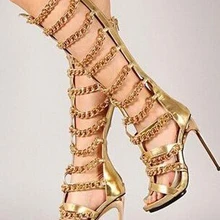 Новинка; модные женские сапоги-гладиаторы до колена с открытым носком и цепочкой; цвет золотой, черный, серебристый; босоножки на высоком каблуке-шпильке; модельные туфли