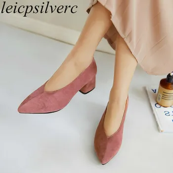 

Women's Pumps Med Heels Spring Autumn Flock Pointed Toe Slip on Thick Heel 2019 New Sexy Fashion Casual Black Red Big Size 34-48