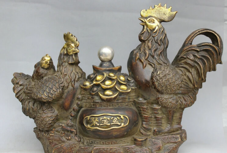 

JP S62 14" Old China Bronze Gild treasure bowl Zodiac Year Rooster Cock Chicken Statue