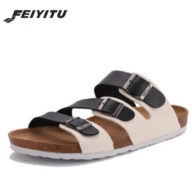 

Feiyitu Fashion Summer Cork Slippers Sandals 2018 New Men Casual Beach Double Buckle Printed Slip on Slides Shoe Eu Size 35-45