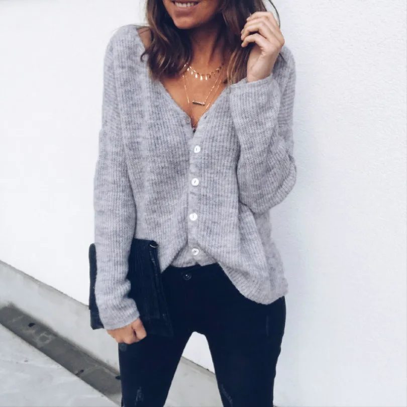 

Women Low Cut V-Neck Long Sleeve Knit Snap Button Down Cardigan Sweater Single Breasted Casual Solid Cardigan Tops