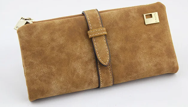Brown Известный бренд, Длинный кошелек, два сложения, женские кошельки, на завязках, нубук, кожа, на молнии, замшевый кошелек, дамская сумочка, клатч - Цвет: Brown