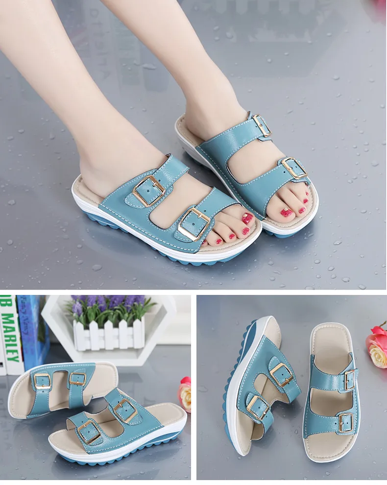 women slippers buckle real leather slides shoes solid thick sole heels beach sandals women outside flip flops summer (7)