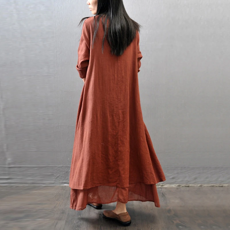 Johnature-Cotton-Color-Women-Maxi-Dress-2017-Autumn-New-False-Two-piece-Long-Sleeve-Round-Neck