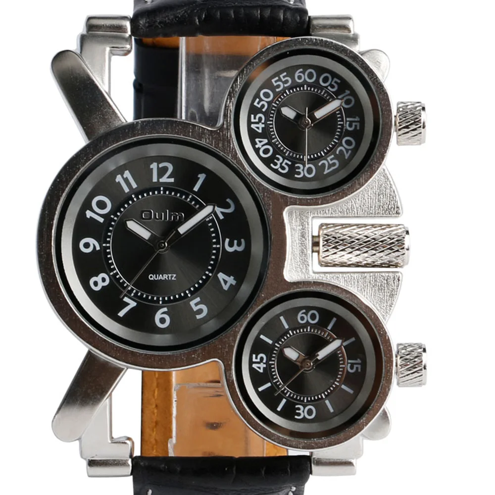 OULM часы для Для мужчин Три Часовой пояс большие Размеры нерегулярные циферблат из натуральной кожи ремешок Военные Для Мужчин's Наручные часы мужские часы
