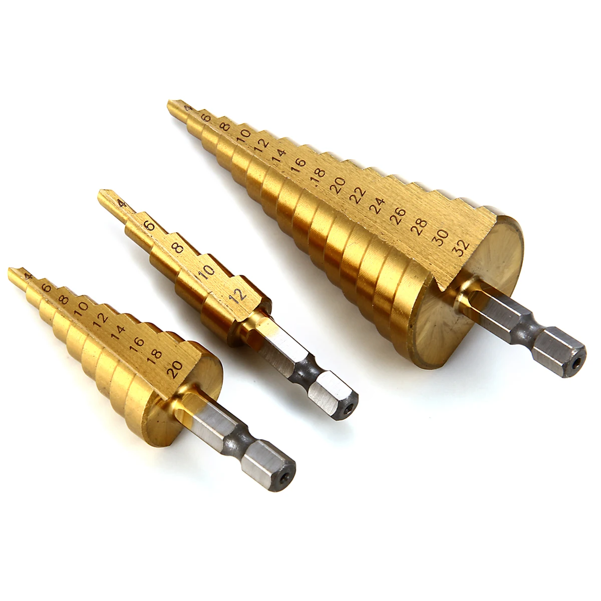 

3pcs Large HSS Steel Step Cone Drill Titanium Bit Set Hole 4-12/20/32mm Hex Shank Quick Release Titanium Cone Drill Bit BI020
