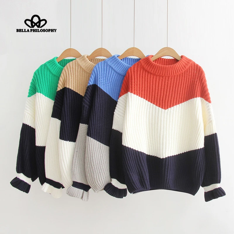 Wonder 2018 new Autum Winter Knitted Pullover  Ladies Sweater Butterfly Sleeve Striped Women Sweater Long-sleeved Sweater